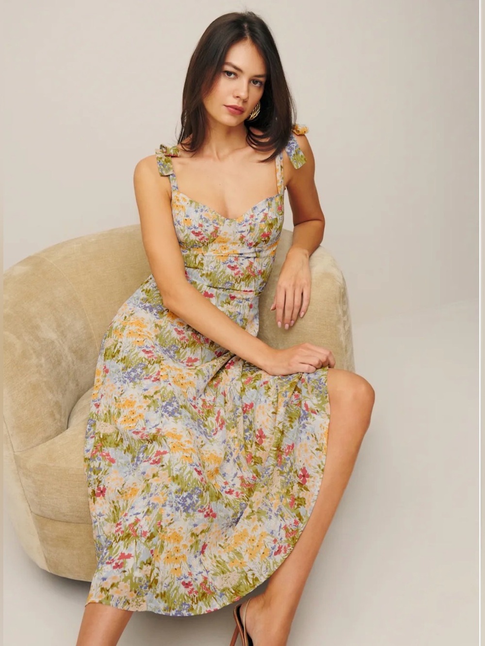 Reformation Nadira dress 
Floral Tie-Shoulder Midi Dress in Multi